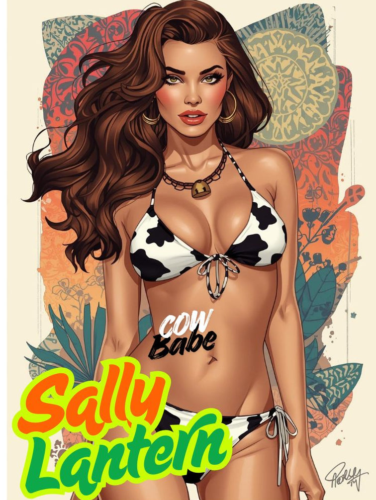 A woman in a cow print bikini. Book cover for a erotic fantasy story by Sally Lantern
